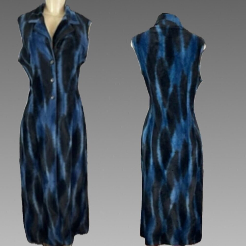 Sense M Blue/Black Animal Print Velour 3 Button Closure Sleeveless Midi Topper